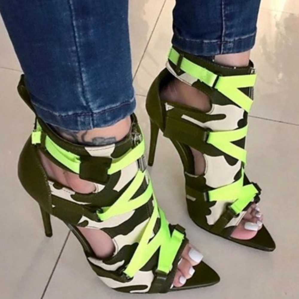 🎀 last 10 Camo Pointy Open Toe Zipper Trim Lace Up - Picture 5 of 8